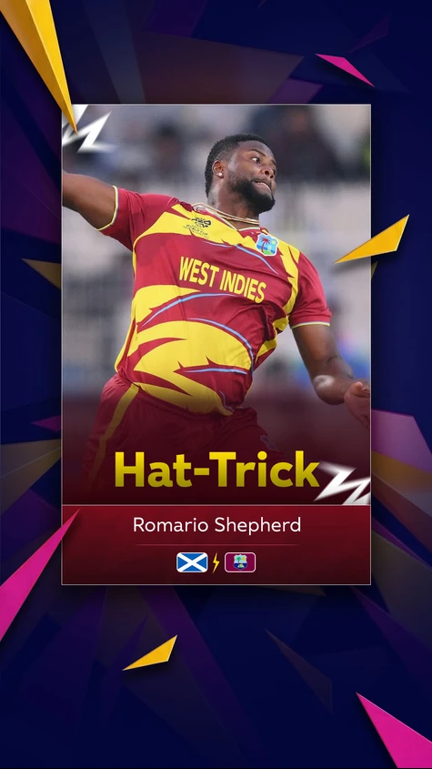 Shepherd becomes the first West Indies bowler to claim a hat-trick in a T20 World Cup fixture.