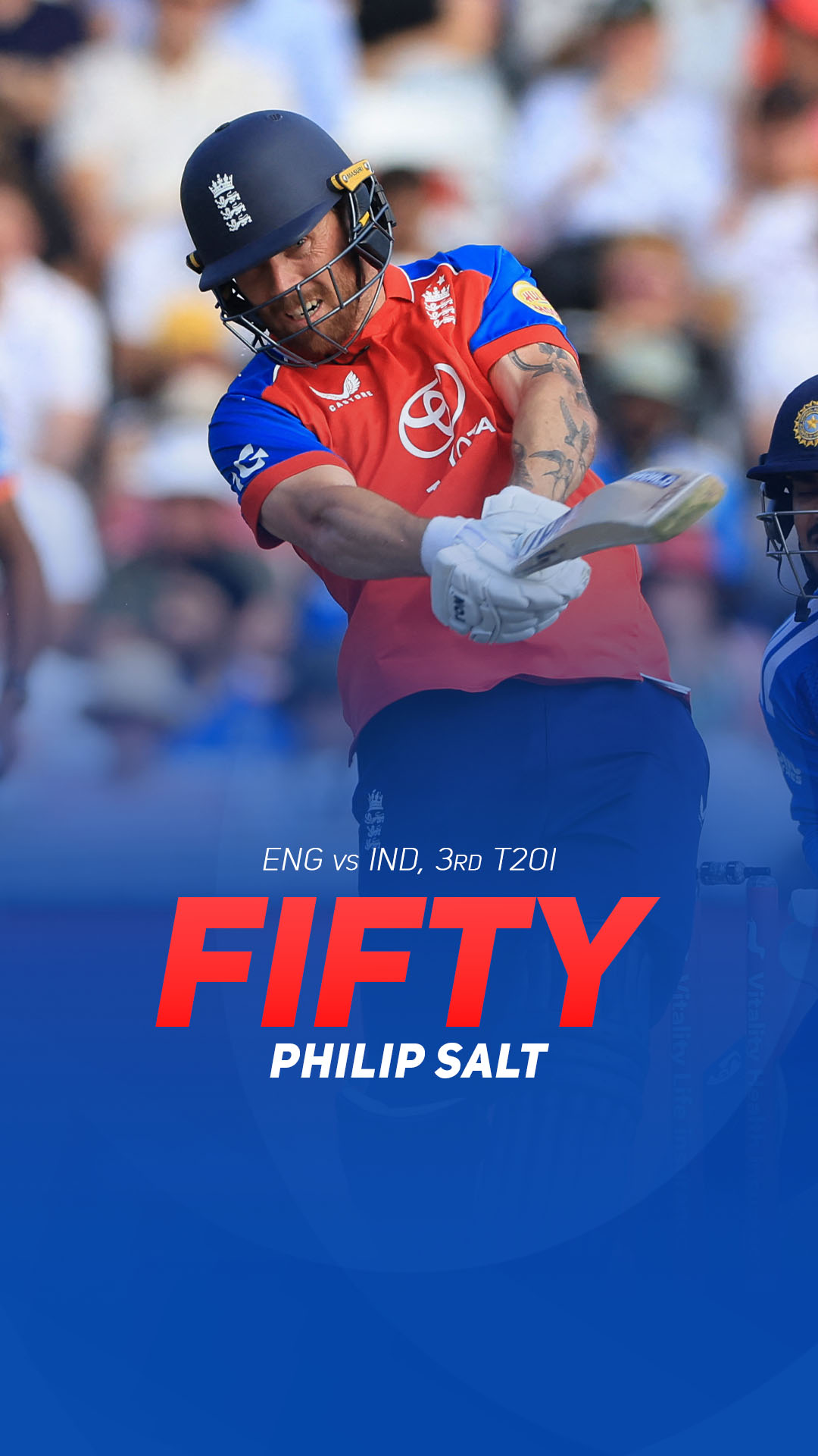 Phil Salt reaches a 36-ball fifty, holding one end firm for England.