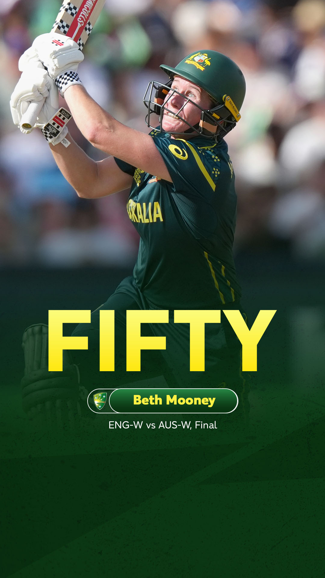 Back-to-back fifties for Beth Mooney. She had a quiet start to the tournament but kept her best for the last. Brings up her fifty in this grand final off 38 balls.