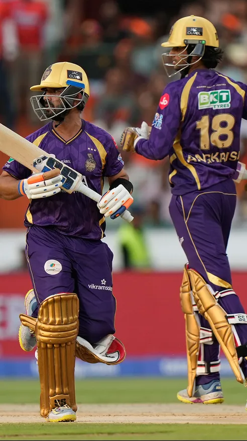 100 up for KKR! Captain Rahane and In-form Raghuvanshi leading the charge after Allen's wicket with a 50-run stand in the chase!