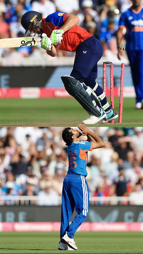 Prince Yadav gets the breakthrough!  A brilliant yorker by him as Jos Buttler is bowled for 36 runs.