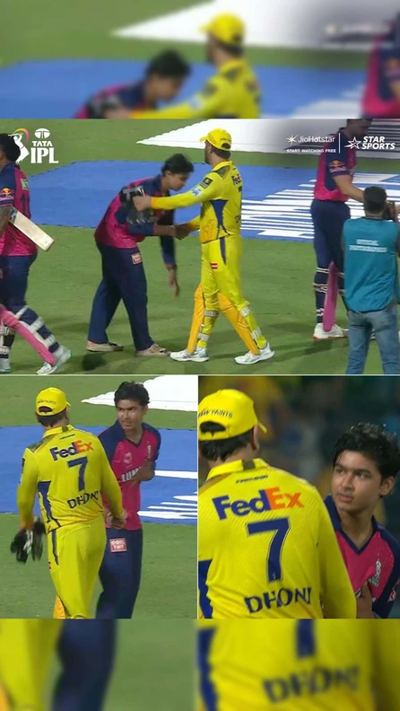 Vaibhav Suryavanshi touches MS Dhoni's feet after the match.